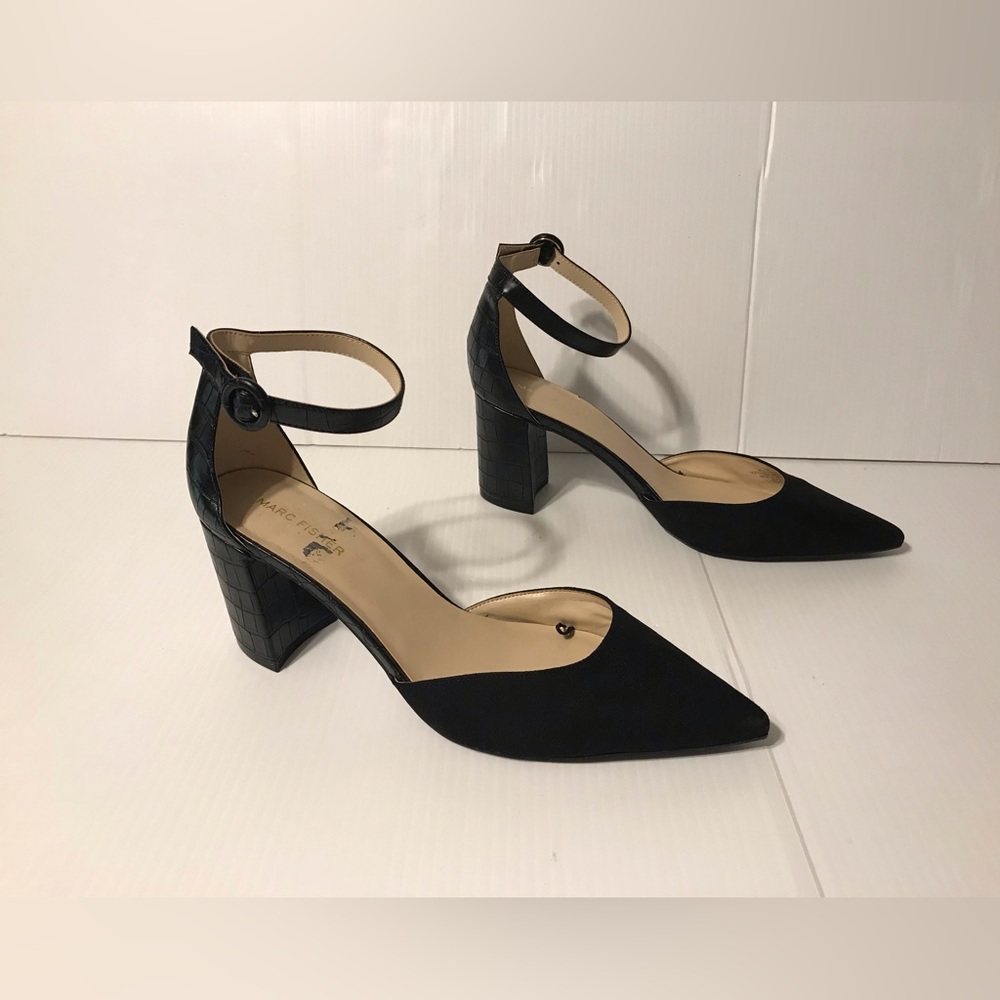 Marc Fisher black leather suede ankle strap block heels shoe size 11